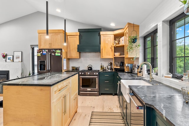 6855 Timber Crest Dr, Maple Grove, MN 55311 - kitchen featuring appliances with stainless steel finishes, exhaust hood, light wood finished floors, light brown cabinetry, and lofted ceiling