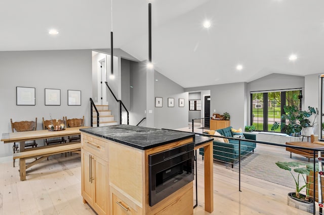 6855 Timber Crest Dr, Maple Grove, MN 55311 - kitchen featuring light brown cabinetry, vaulted ceiling, built in microwave, light wood finished floors, and recessed lighting