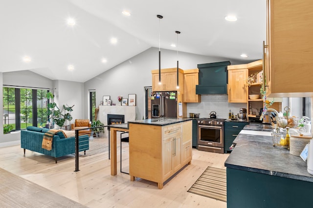 6855 Timber Crest Dr, Maple Grove, MN 55311 - kitchen featuring appliances with stainless steel finishes, ventilation hood, dark countertops, vaulted ceiling, and light brown cabinetry