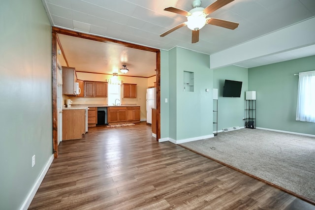 29827 Elfmanns Dr, Wilson Twp, MN 55987 - unfurnished living room featuring a sink, ceiling fan, baseboards, and dark wood finished floors