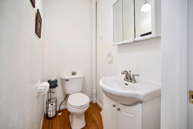 29827 Elfmanns Dr, Wilson Twp, MN 55987 - half bath featuring toilet, vanity, wood finished floors, and baseboards