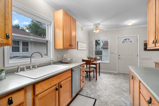 2022 Nokomis Ave, Saint Paul, MN 55119 - kitchen with stainless steel dishwasher, healthy amount of natural light, a ceiling fan, ornamental molding, and light countertops