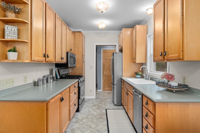 2022 Nokomis Ave, Saint Paul, MN 55119 - kitchen with appliances with stainless steel finishes, open shelves, light countertops, and crown molding