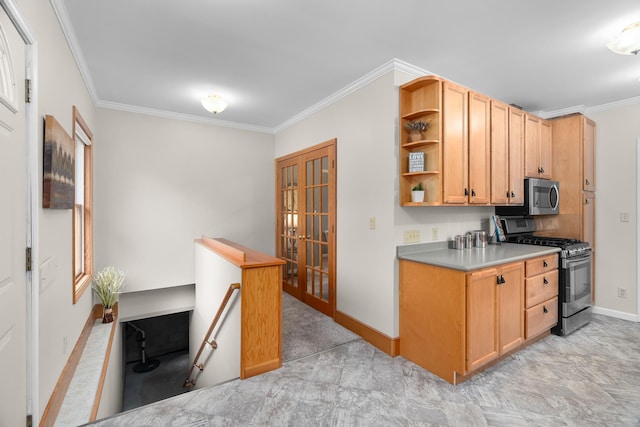 2022 Nokomis Ave, Saint Paul, MN 55119 - kitchen featuring stainless steel appliances, ornamental molding, open shelves, french doors, and light countertops