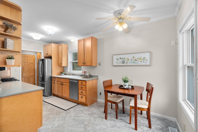 2022 Nokomis Ave, Saint Paul, MN 55119 - kitchen featuring stainless steel appliances, ornamental molding, a ceiling fan, light countertops, and open shelves