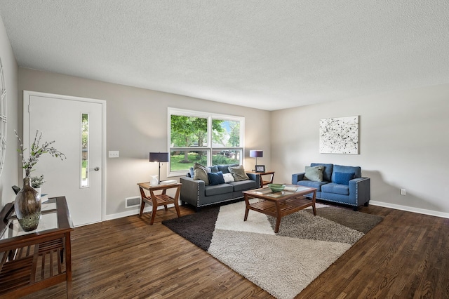 17900 Weaver Lake Dr, Maple Grove, MN 55311 - living room with dark wood-style floors, baseboards, and a textured ceiling