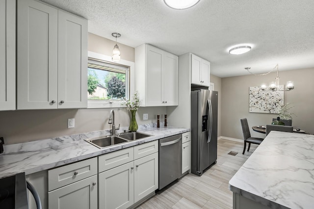 17900 Weaver Lake Dr, Maple Grove, MN 55311 - kitchen with appliances with stainless steel finishes, a sink, pendant lighting, white cabinets, and a textured ceiling