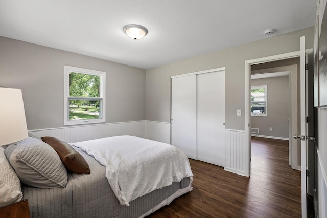 17900 Weaver Lake Dr, Maple Grove, MN 55311 - bedroom with multiple windows, wainscoting, dark wood finished floors, and a closet
