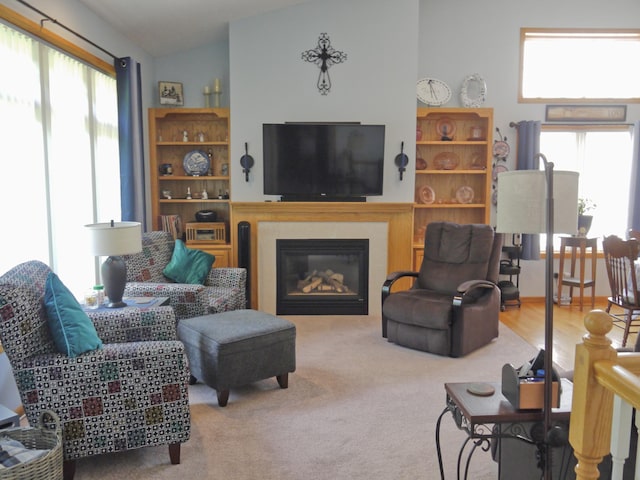 17098 Pheasant Meadow Ln SW, Prior Lake, MN 55372 - living area with a glass covered fireplace, carpet flooring, and lofted ceiling