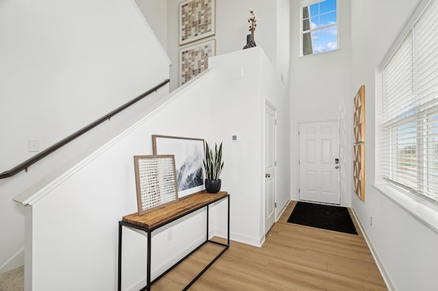 2134 Tyrone Dr, Shakopee, MN 55379 - doorway with light wood-type flooring, baseboards, a towering ceiling, and stairs