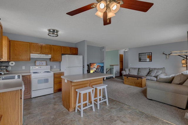1285 Stone Ridge Rd, Sauk Rapids, MN 56379 - kitchen featuring white appliances, open floor plan, under cabinet range hood, a kitchen breakfast bar, and a kitchen island