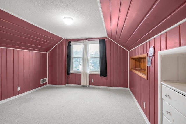 3500 Abbott Ave N, Robbinsdale, MN 55422 - bonus room with lofted ceiling, carpet flooring, wood walls, and a textured ceiling