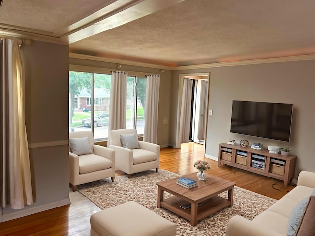 3500 Abbott Ave N, Robbinsdale, MN 55422 - living room with crown molding, light wood-style floors, and a textured ceiling