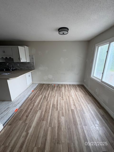 6769 Humboldt Ave N, Brooklyn Center, MN 55430 - unfurnished living room featuring wood finished floors, baseboards, a textured ceiling, and a sink