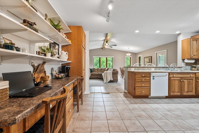 8165 240th St W, Eureka Twp, MN 55044 - kitchen with dishwasher, lofted ceiling, open shelves, brown cabinets, and ceiling fan
