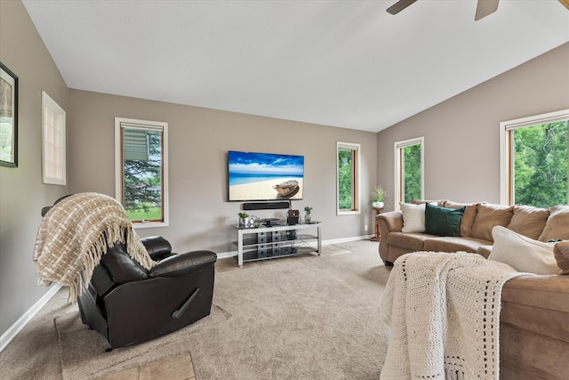 8165 240th St W, Eureka Twp, MN 55044 - living area with baseboards, carpet flooring, plenty of natural light, ceiling fan, and vaulted ceiling