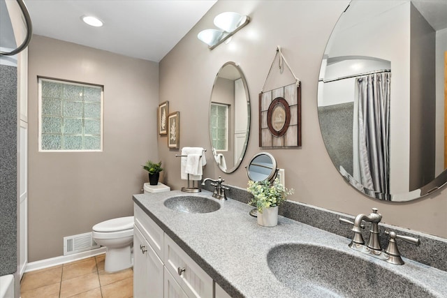 8165 240th St W, Eureka Twp, MN 55044 - bathroom featuring toilet, tile patterned flooring, double vanity, a shower with shower curtain, and recessed lighting