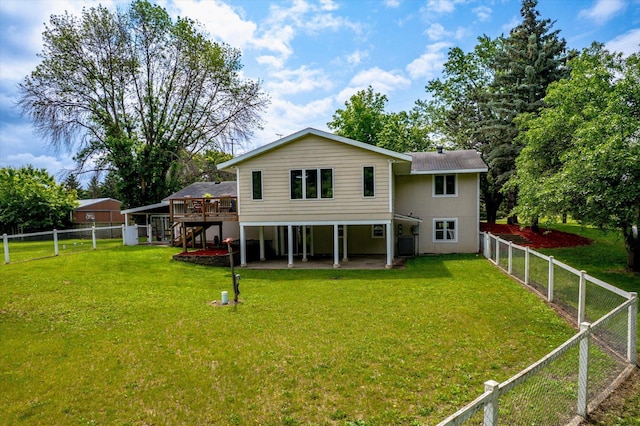 8165 240th St W, Eureka Twp, MN 55044 - back of house with stairway, a wooden deck, and a patio