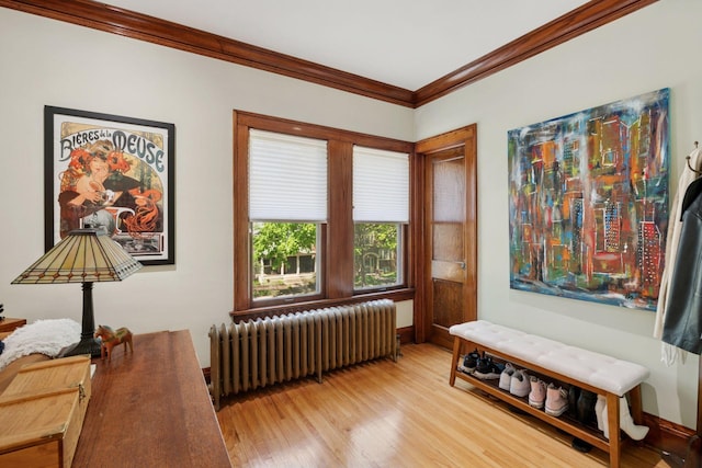 3229 Fremont Ave S, Minneapolis, MN 55408 - sitting room with radiator, crown molding, wood finished floors, and baseboards