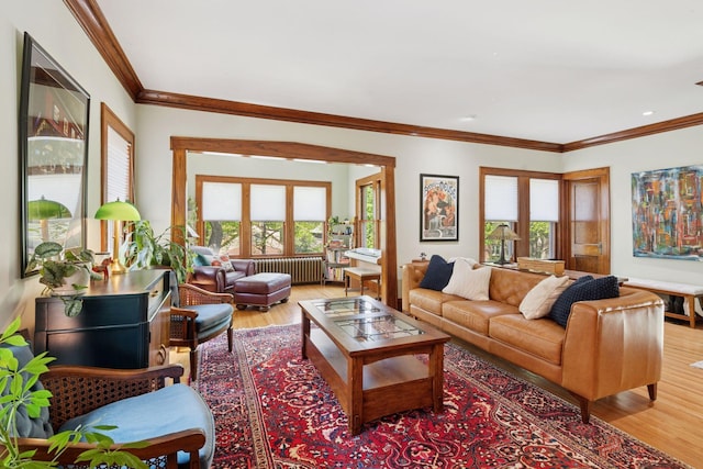 3229 Fremont Ave S, Minneapolis, MN 55408 - living area with radiator heating unit, wood finished floors, crown molding, and plenty of natural light