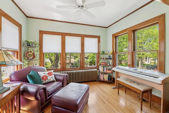 3229 Fremont Ave S, Minneapolis, MN 55408 - sitting room featuring radiator heating unit, plenty of natural light, ceiling fan, light wood finished floors, and crown molding