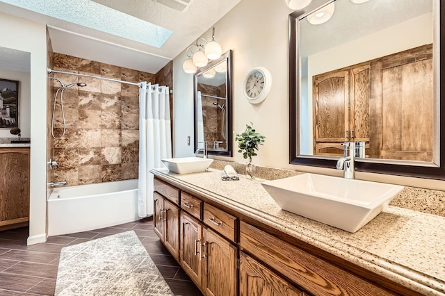 5691 Birch Trl, Shoreview, MN 55126 - bathroom featuring a skylight, shower / tub combo with curtain, double vanity, and tile patterned floors