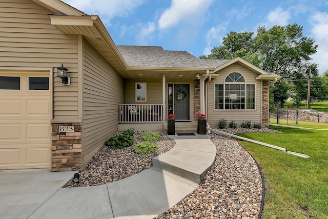 823 Morningside Loop, Saint Joseph, MN 56374 - doorway to property with a garage, covered porch, roof with shingles, and stone siding