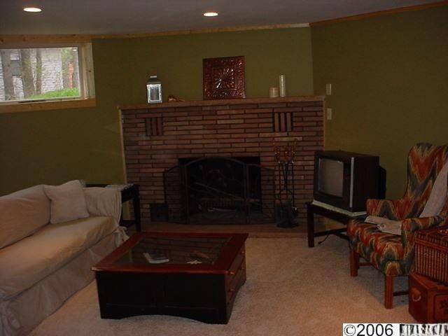 31074 State Highway 65, Greenway Twp, MN 55775 - carpeted living room featuring a fireplace and recessed lighting