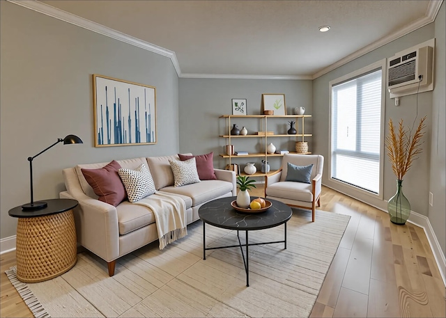 3540 Hennepin Ave Unit 309, Minneapolis, MN 55408 - living area featuring a wall mounted air conditioner, light wood-type flooring, baseboards, ornamental molding, and recessed lighting