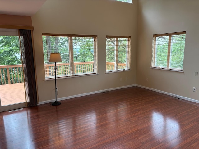 32813 Whispering Springs Loop, Erhard, MN 56534 - empty room featuring dark wood-type flooring and a towering ceiling