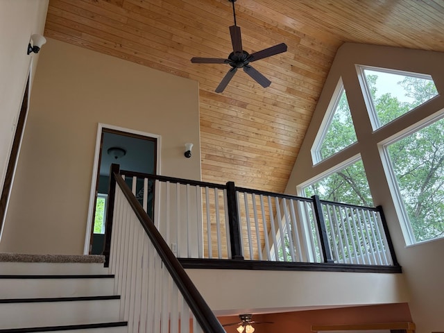 32813 Whispering Springs Loop, Erhard, MN 56534 - stairs with a ceiling fan, high vaulted ceiling, and wood ceiling
