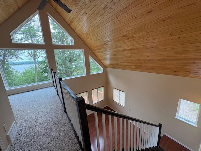 32813 Whispering Springs Loop, Erhard, MN 56534 - stairway featuring wood ceiling, high vaulted ceiling, carpet, a water view, and ceiling fan