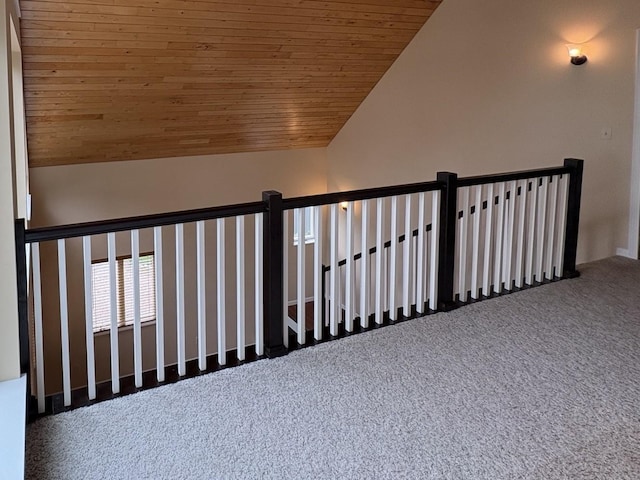 32813 Whispering Springs Loop, Erhard, MN 56534 - hallway with carpet, wooden ceiling, and vaulted ceiling