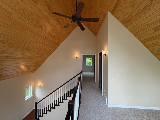 32813 Whispering Springs Loop, Erhard, MN 56534 - hall with wood ceiling, carpet, an upstairs landing, and high vaulted ceiling