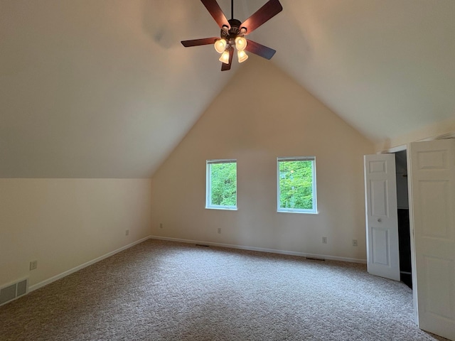 32813 Whispering Springs Loop, Erhard, MN 56534 - additional living space featuring carpet floors, a ceiling fan, and lofted ceiling