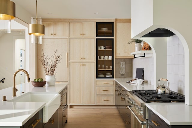 55XX Mcguire Rd, Edina, MN 55439 - kitchen featuring light brown cabinets, stainless steel stove, light wood-style flooring, light countertops, and recessed lighting