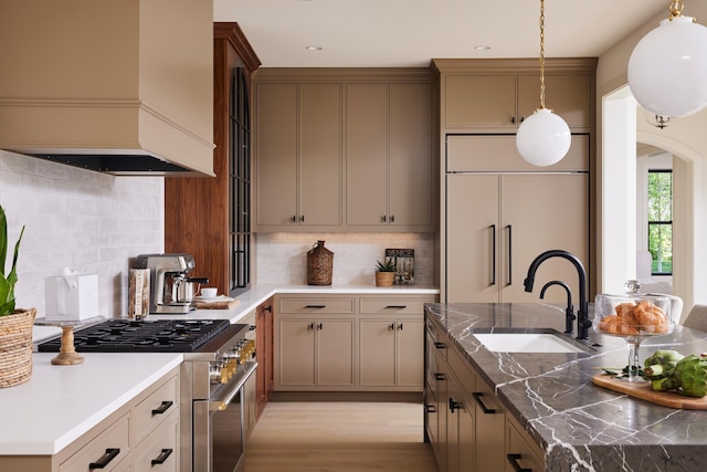 55XX Mcguire Rd, Edina, MN 55439 - kitchen featuring high quality appliances, custom exhaust hood, decorative backsplash, hanging light fixtures, and light wood finished floors