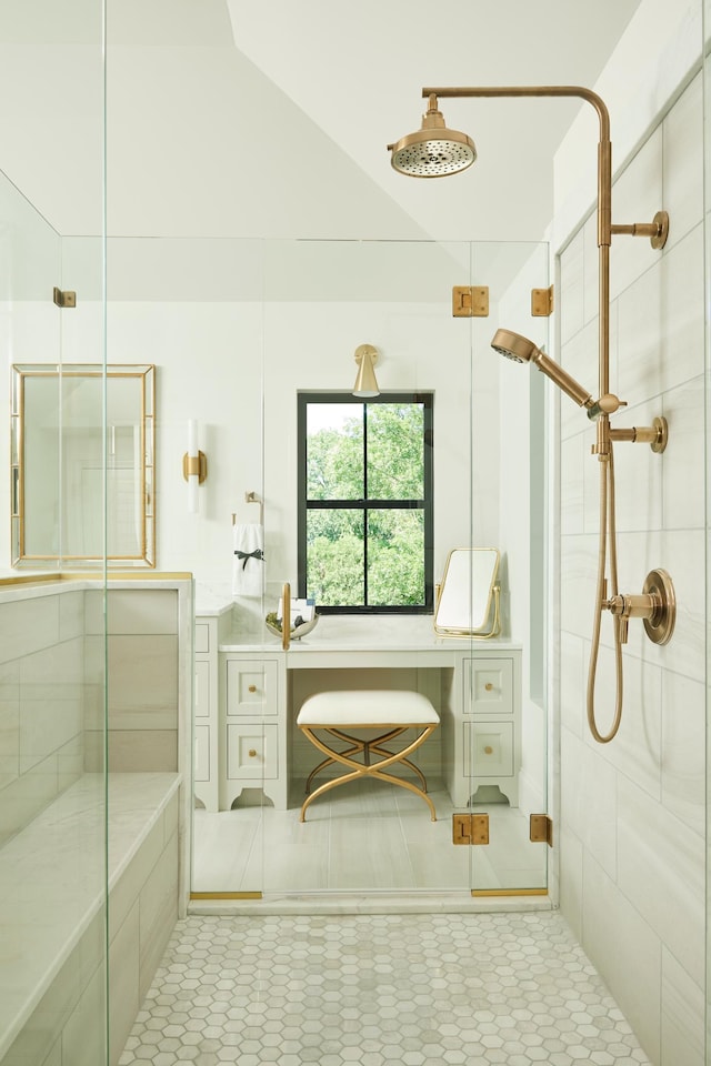 55XX Mcguire Rd, Edina, MN 55439 - bathroom featuring a shower stall, tile patterned flooring, and lofted ceiling