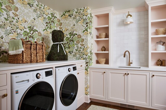 55XX Mcguire Rd, Edina, MN 55439 - laundry room featuring cabinet space, separate washer and dryer, wallpapered walls, and dark wood-style flooring
