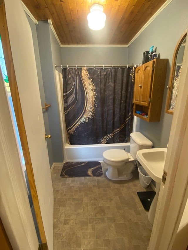 8 Dayton Ave SE, Wadena, MN 56482 - full bath with wood ceiling, shower / tub combo, toilet, ornamental molding, and a sink