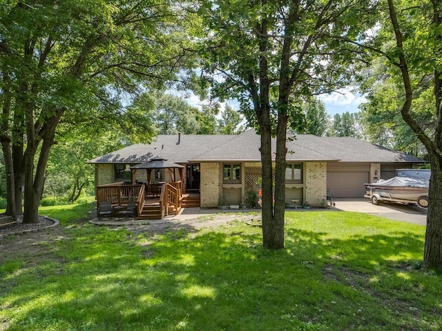 18241 Dahlia St NW, Oak Grove, MN 55011 - view of front of home with a garage, a deck, brick siding, and a front lawn