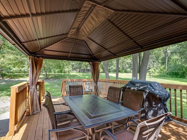 18241 Dahlia St NW, Oak Grove, MN 55011 - wooden deck with a gazebo, outdoor dining space, a yard, and a grill
