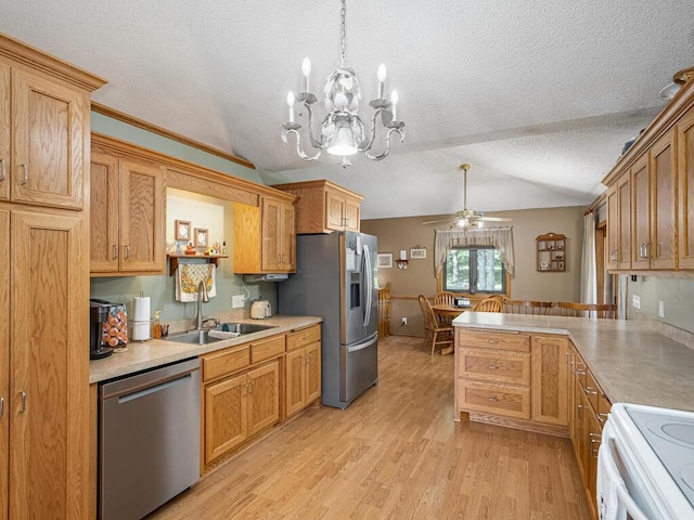 18241 Dahlia St NW, Oak Grove, MN 55011 - kitchen with appliances with stainless steel finishes, vaulted ceiling, light wood-type flooring, ceiling fan, and light countertops