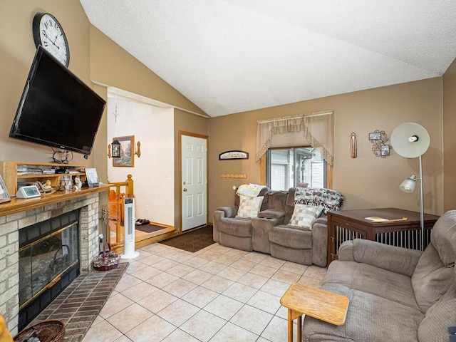 18241 Dahlia St NW, Oak Grove, MN 55011 - living area with lofted ceiling, light colored carpet, light tile patterned floors, and a fireplace