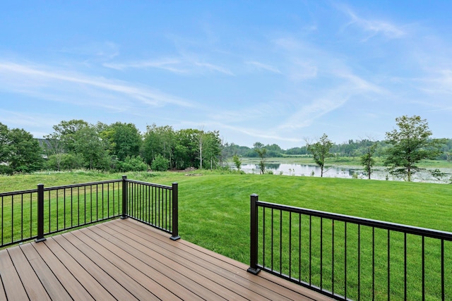 9743 Frontier Ln, Lakeville, MN 55044 - wooden deck featuring a water view, a lawn, and view of wooded area