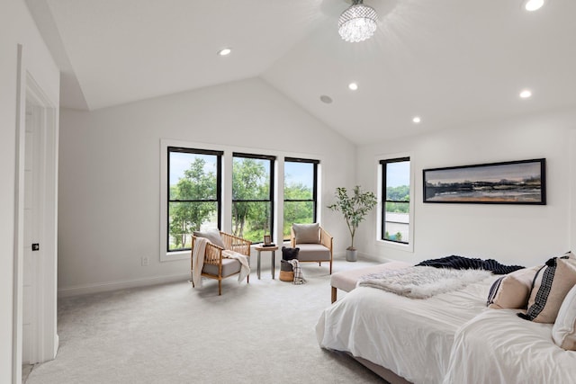 9743 Frontier Ln, Lakeville, MN 55044 - bedroom featuring recessed lighting, light colored carpet, vaulted ceiling, and a chandelier