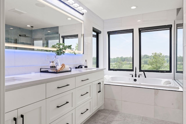 9743 Frontier Ln, Lakeville, MN 55044 - bathroom with double vanity, a garden tub, and a stall shower
