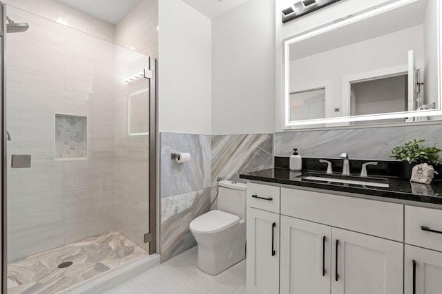 9743 Frontier Ln, Lakeville, MN 55044 - full bath with a stall shower, vanity, and tile walls