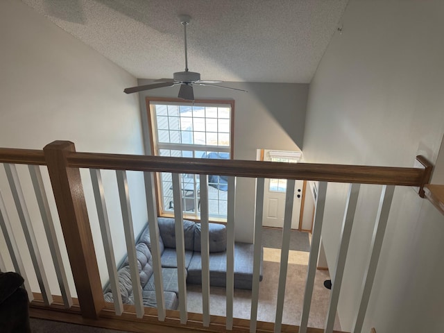 13622 Partridge Cir NW, Andover, MN 55304 - stairway featuring carpet, a textured ceiling, ceiling fan, and vaulted ceiling