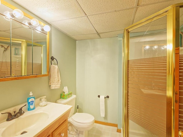 638 Shady Creek Cir, Winsted, MN 55395 - bathroom with a shower stall, a paneled ceiling, and vanity